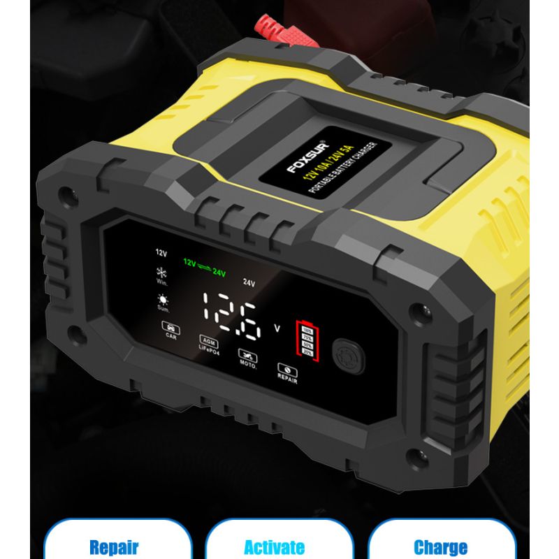 Cargador FOXSUR portátil para baterías 12V 24V con carga automática de 7 etapas para AGM y LiFePO4 fácil de usar
