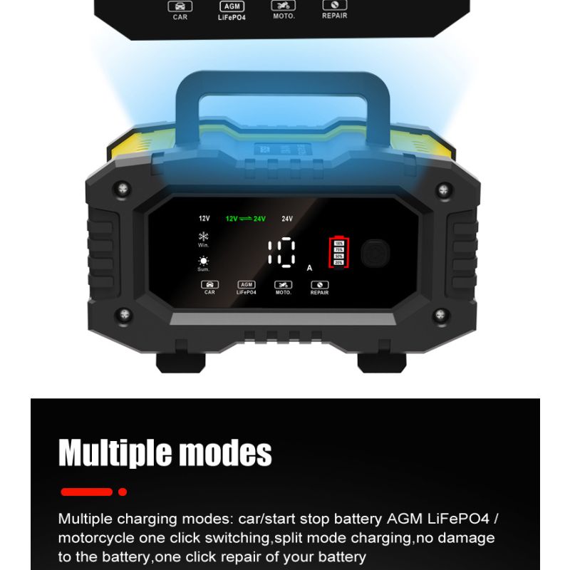 Cargador FOXSUR portátil para baterías 12V 24V con carga automática de 7 etapas para AGM y LiFePO4 fácil de usar