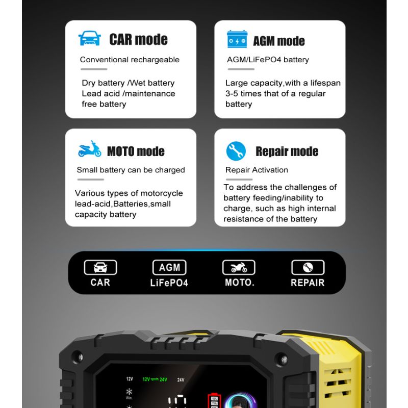 Cargador FOXSUR portátil para baterías 12V 24V con carga automática de 7 etapas para AGM y LiFePO4 fácil de usar