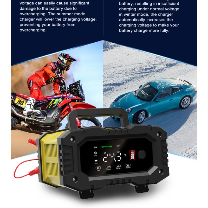 Cargador FOXSUR portátil para baterías 12V 24V con carga automática de 7 etapas para AGM y LiFePO4 fácil de usar