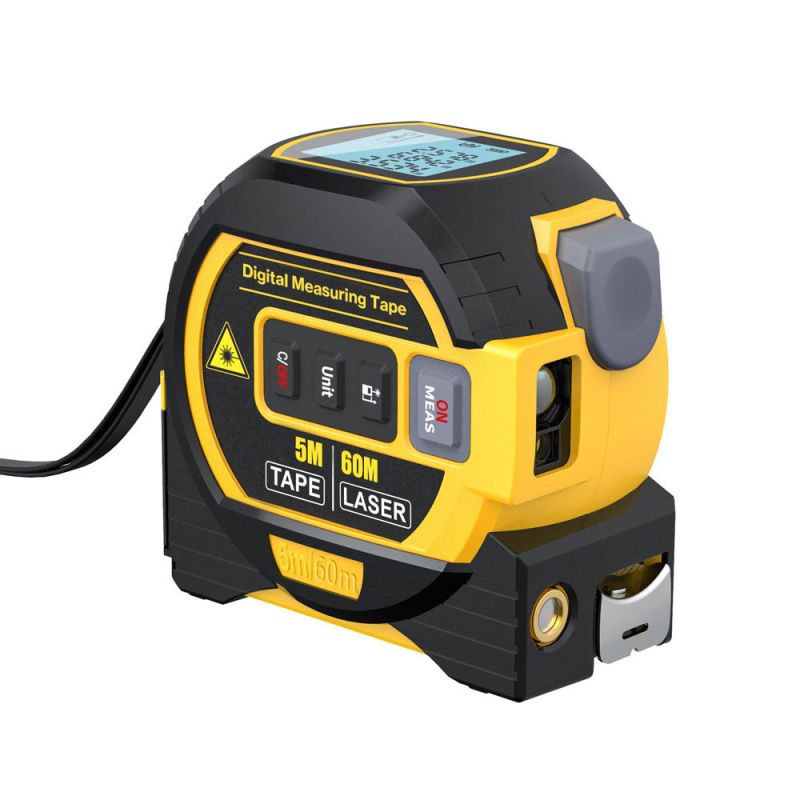 Telémetro Láser 3 en 1 con Cinta Métrica 5m Pantalla LCD Retroiluminación Herramienta Multifuncional Duradera