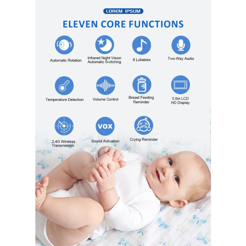 Monitor de Vídeo para Bebé ABM501 Pantalla LCD 5.0 Pulgadas Audio Bidireccional 2.4G Inalámbrico Visión Nocturna