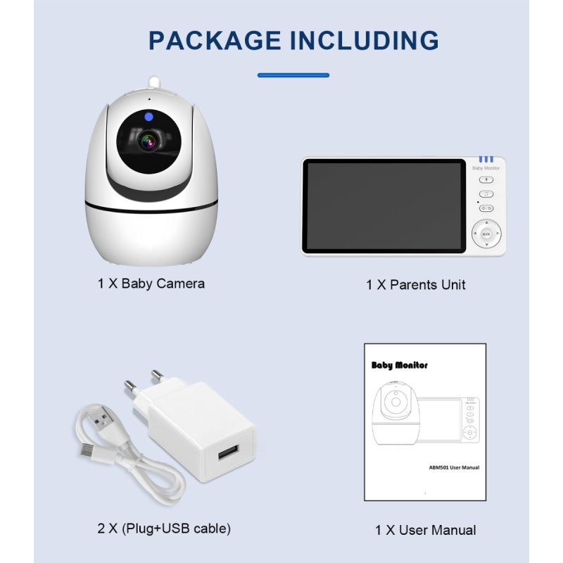 Monitor de Vídeo para Bebé ABM501 Pantalla LCD 5.0 Pulgadas Audio Bidireccional 2.4G Inalámbrico Visión Nocturna