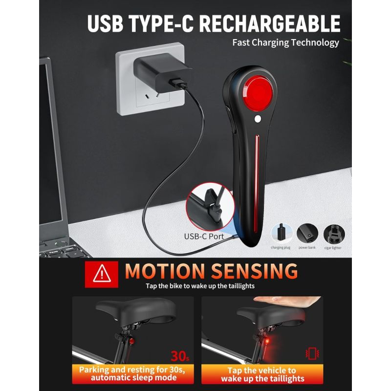 Luz Trasera Bicicleta Inteligente USB-C Recargable. Súper Brillante para Ciclismo de Montaña y Carretera.