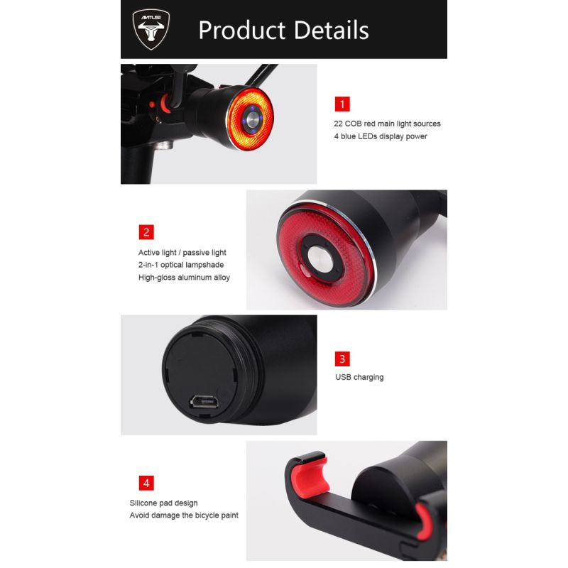 Luz Trasera Inteligente ANTUSI Q5 con Encendido Automático Múltiples Modos IPX6 Impermeable para Ciclismo Urbano