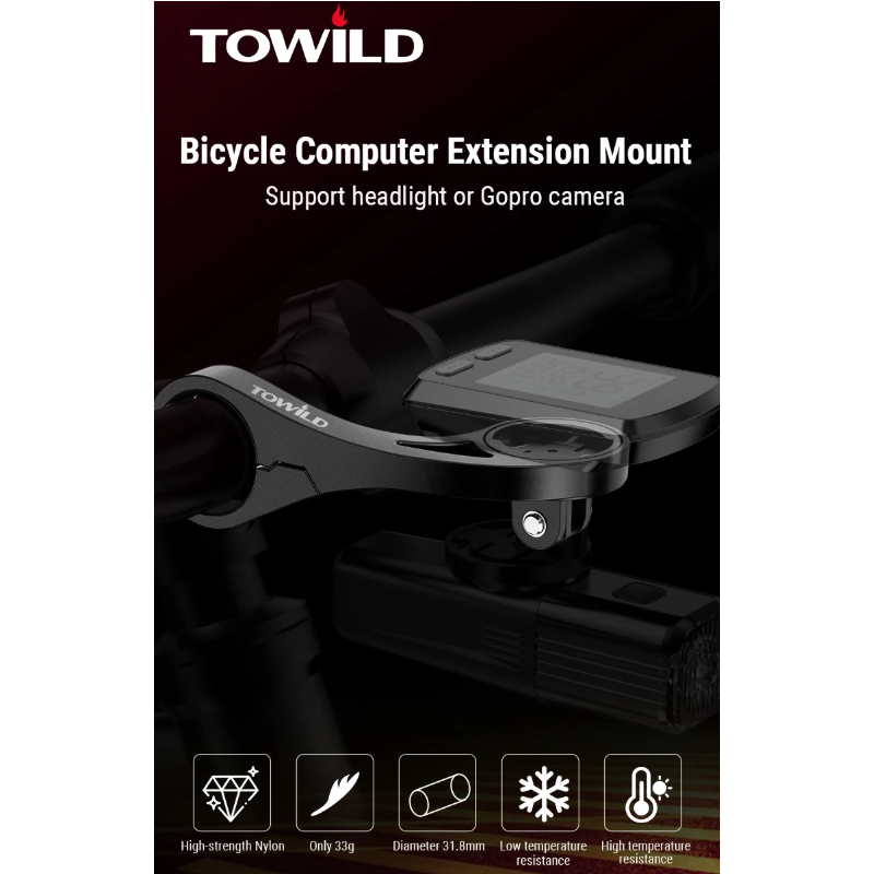 TOWILD AS90 Extensor Manillar Bici - Soporte Faro, GPS Garmin/Scosche. Robusto, Ligero y Fácil Instalación