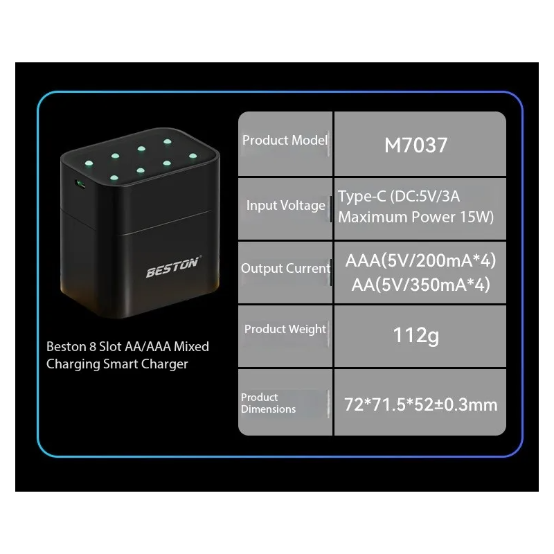 Beston Cargador Inteligente 8 Ranuras para Pilas AA 1.5V Li-ion 3600mWh Recargables. ¡Carga Rápida!