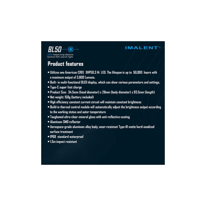 Linterna IMALENT BL50 3600 lúmenes LED recargable tipo C linterna EDC con luz UV y pantalla OLED