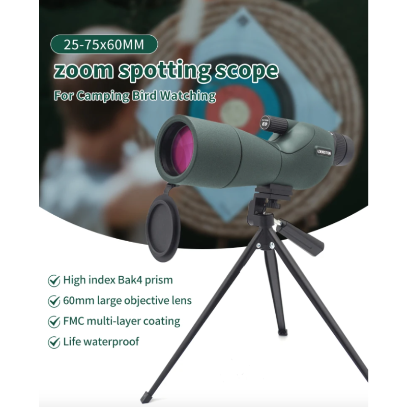 Telescopio Terrestre Monocular Potente Zoom 25-75x60 BAK4 Ocular ED, Ideal Observación Aves Camping Caza y Más
