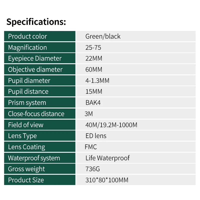 Telescopio Terrestre Monocular Potente Zoom 25-75x60 BAK4 Ocular ED, Ideal Observación Aves Camping Caza y Más