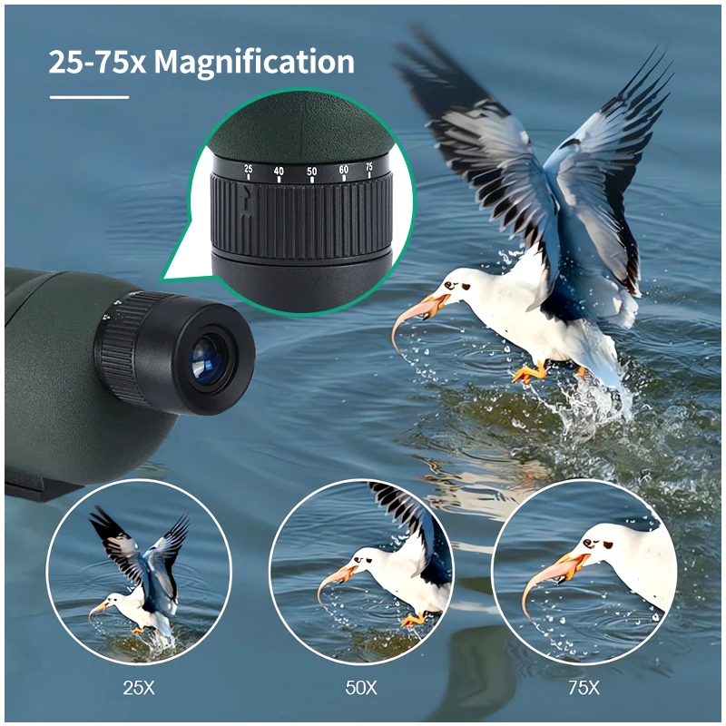 Telescopio Terrestre Monocular Potente Zoom 25-75x60 BAK4 Ocular ED, Ideal Observación Aves Camping Caza y Más