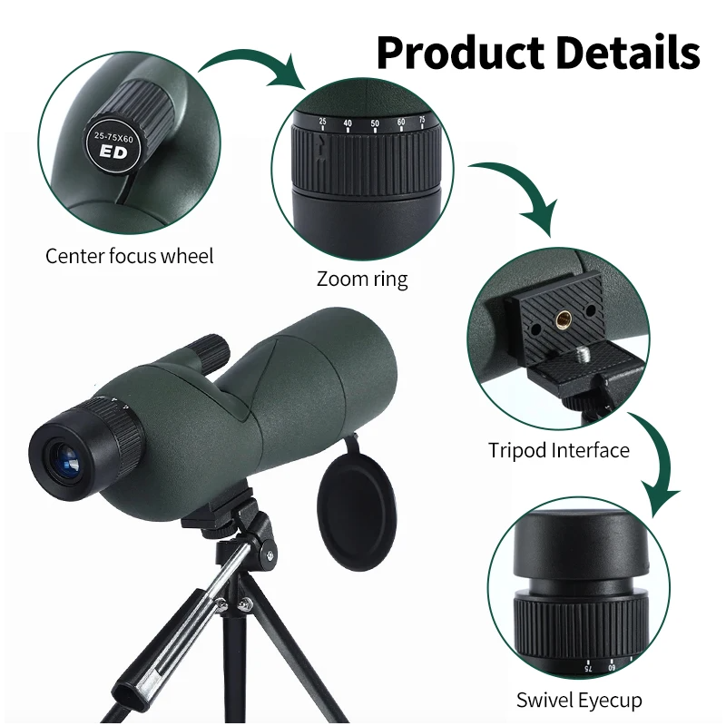Telescopio Terrestre Monocular Potente Zoom 25-75x60 BAK4 Ocular ED, Ideal Observación Aves Camping Caza y Más