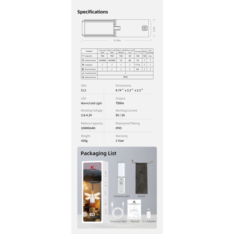 Luz Camping Klarus CL2 750 Lúmenes Plegable Bombillas 90° 7 Modos Luz Ambiental Ideal Cuidado Ocular