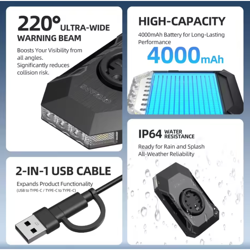 CYCLAMI CL350: Luz Bicicleta 4000mAh, recarga Tipo-C. Faro Ciclismo, Power Bank, IPX4