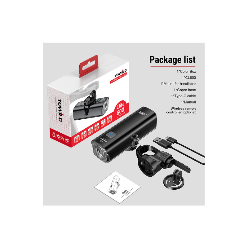 TOWILD CL600 luz frontal para bicicleta LED recargable USB alta luminosidad 2000mAh resistente al agua