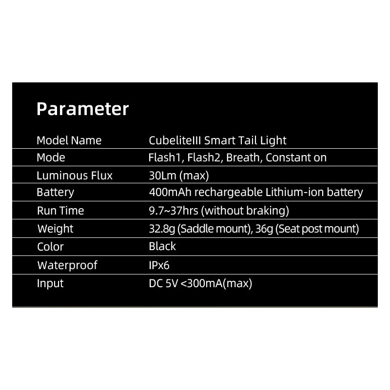 Enfitnix Cubelite III luz trasera ultrabrillante 30 lúmenes con carga USB seguridad ciclismo nocturno