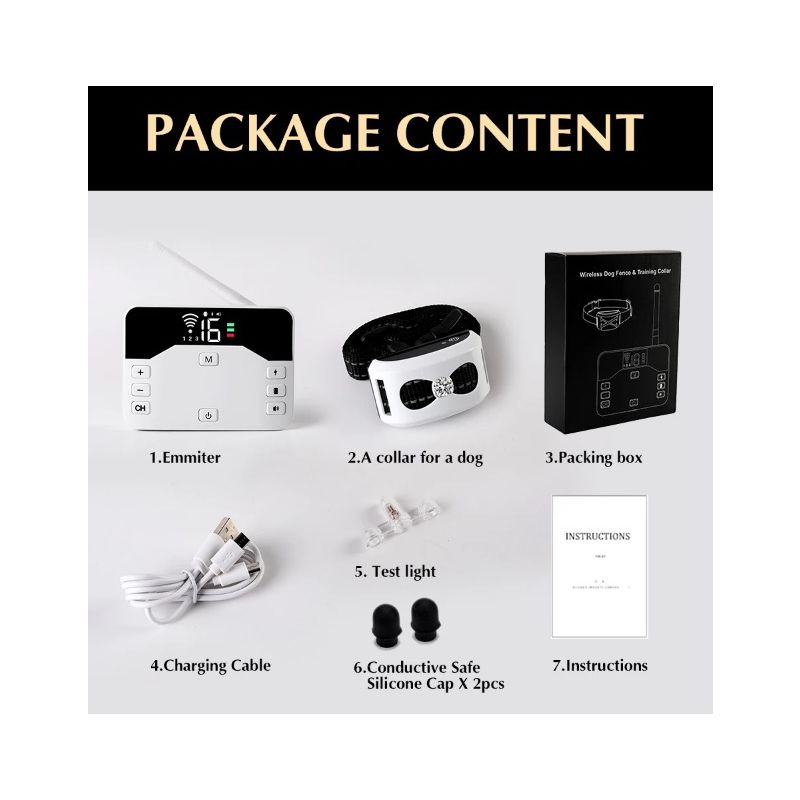 Sistema de cerca inalámbrica y collar de entrenamiento remoto para perros con radios ajustables y IP65