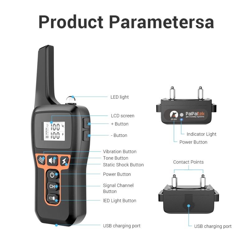 Collar de entrenamiento para perros con control remoto y modos ajustables PD 529-1-TIO recargable y seguro