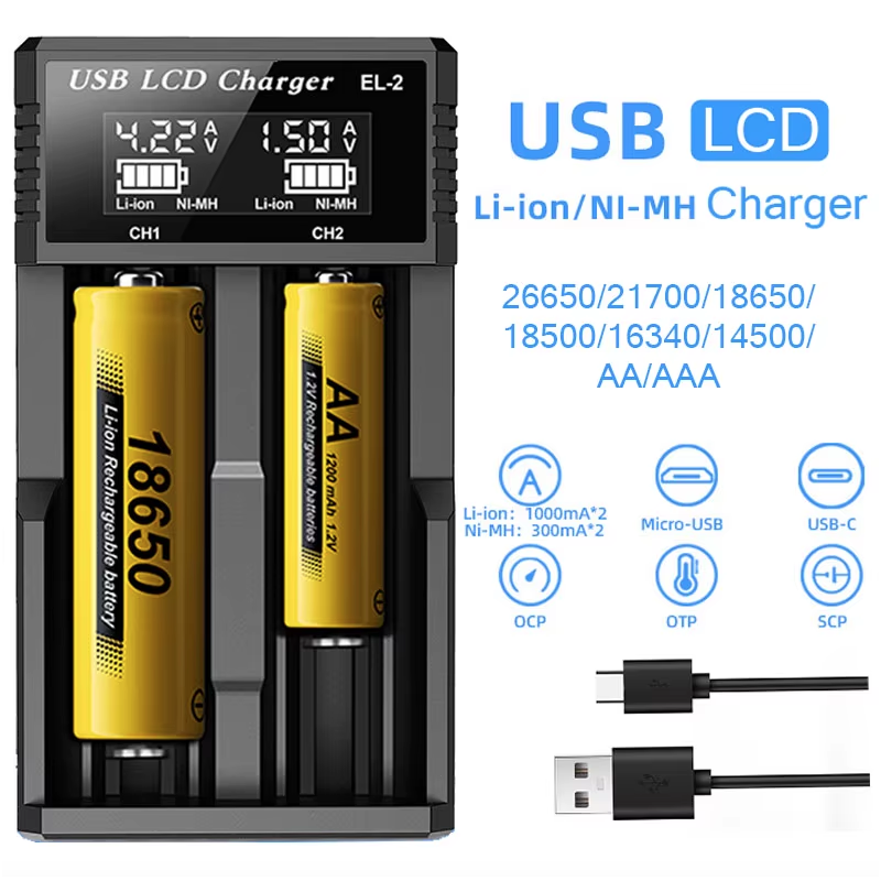 Cargador Inteligente de Batería LCD USB con pantalla LCD de carga para baterías 18650 de litio y Ni-MH AA AAA