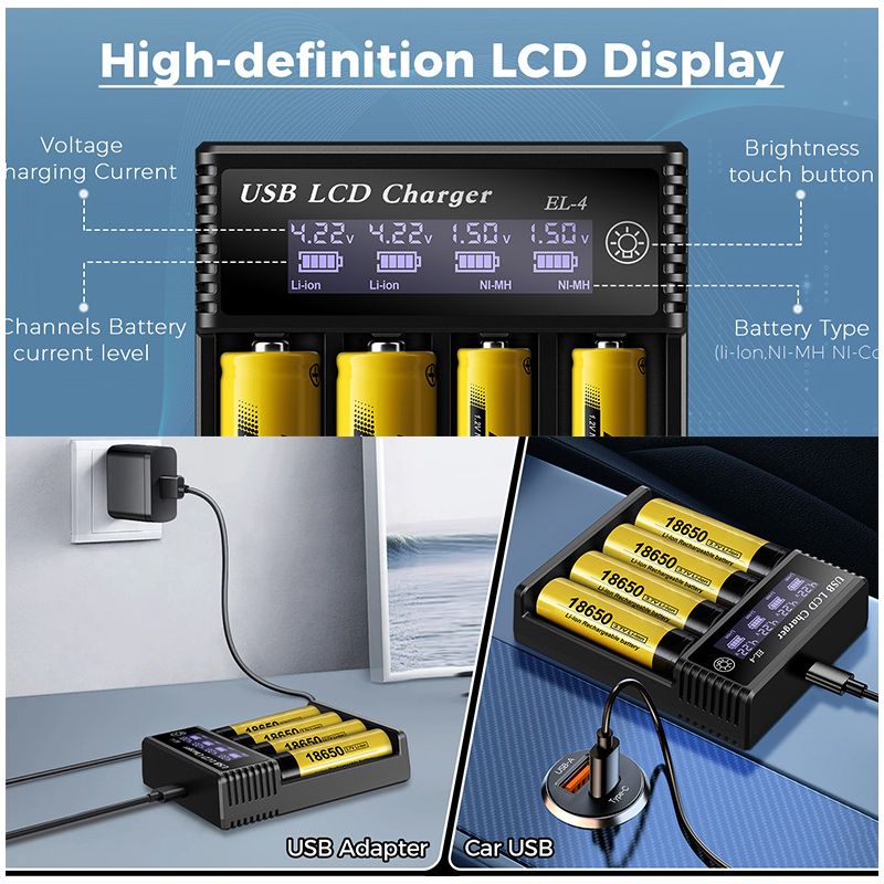 Cargador Inteligente de Batería LCD USB con pantalla LCD de carga para baterías 18650 de litio y Ni-MH AA AAA