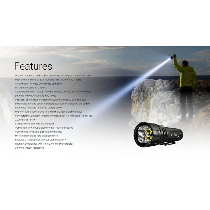 Nitecore EX7 Linterna Potente 6000 Lúmenes USB-C Recargable para Exteriores, Aventura y Búsqueda y Rescate