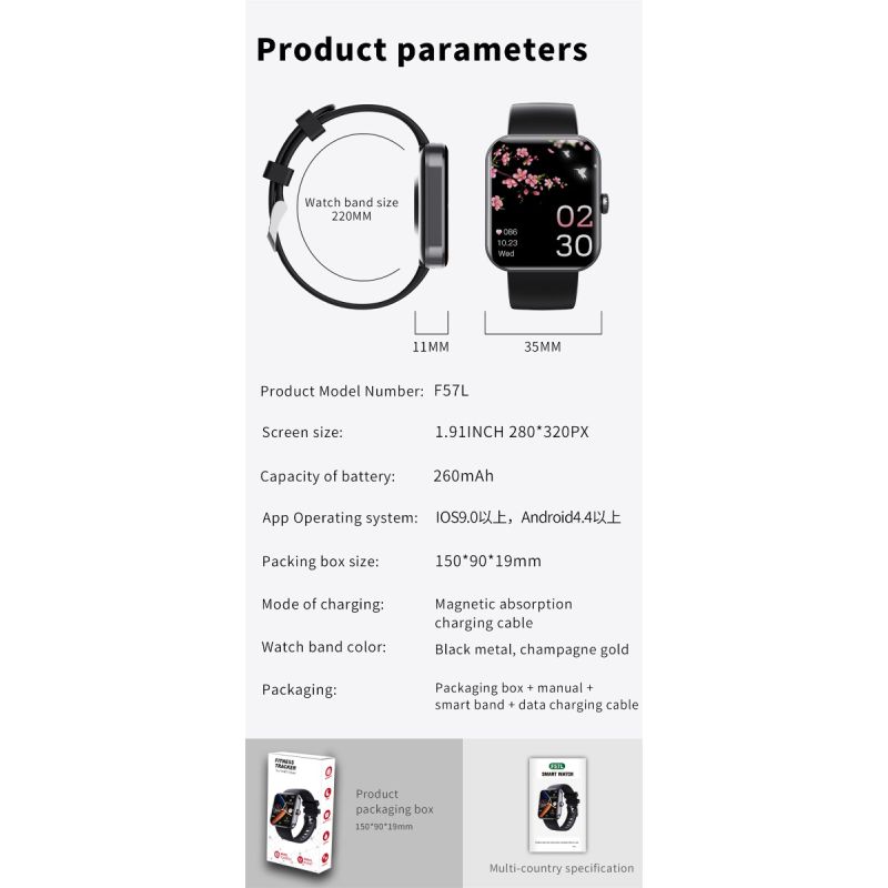 F57L Smartwatch Monitoreo Salud: Glucosa, Presión, Ritmo, Temperatura. Rastreador Fitness, Notificaciones y Llamadas. iOS/Android.