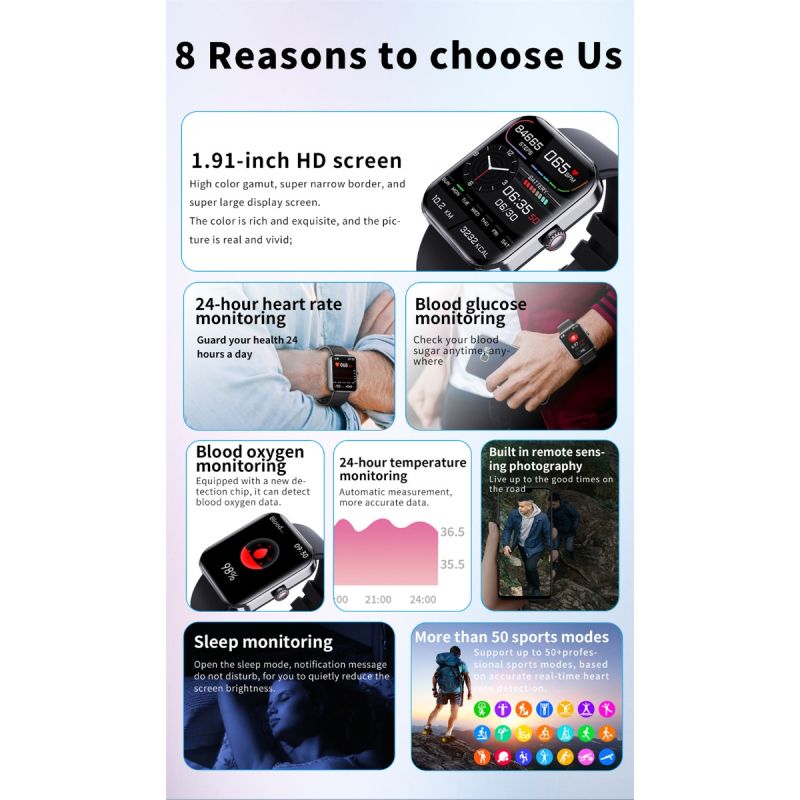 F57L Smartwatch Monitoreo Salud: Glucosa, Presión, Ritmo, Temperatura. Rastreador Fitness, Notificaciones y Llamadas. iOS/Android.