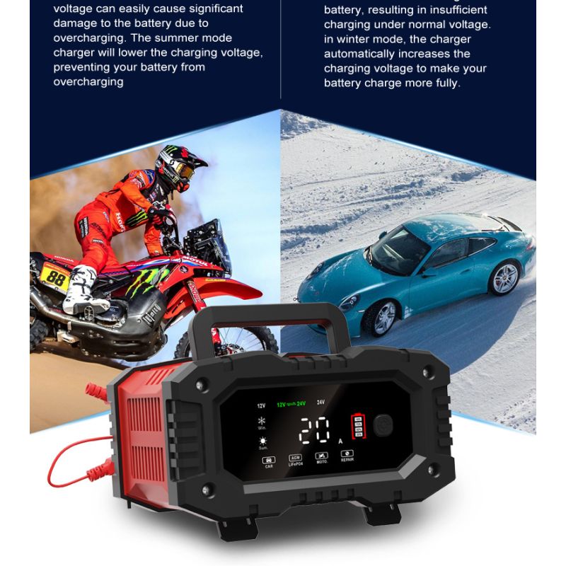 Cargador de batería FOXSUR 20A portátil para coche camión 12V 24V AGM LiFePO4 con carga en 7 etapas versátil