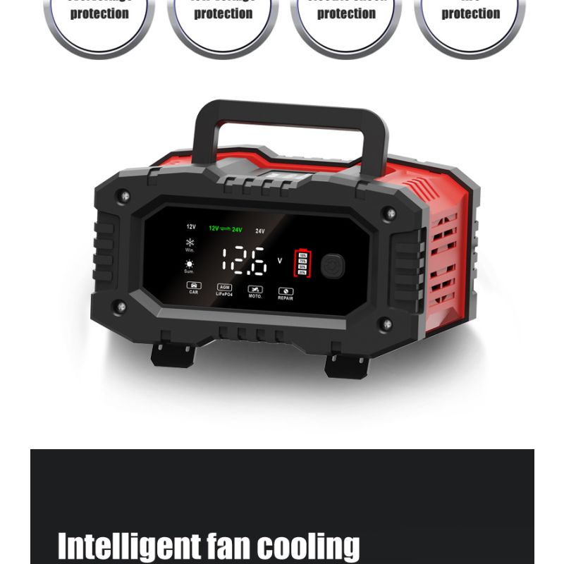 Cargador de batería FOXSUR 20A portátil para coche camión 12V 24V AGM LiFePO4 con carga en 7 etapas versátil