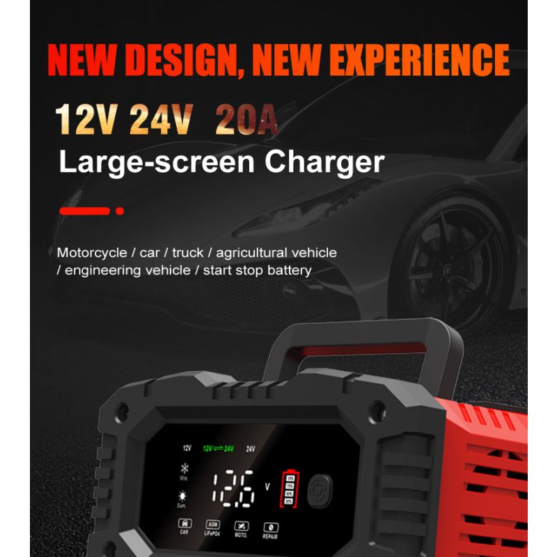 Cargador de batería FOXSUR 20A portátil para coche camión 12V 24V AGM LiFePO4 con carga en 7 etapas versátil