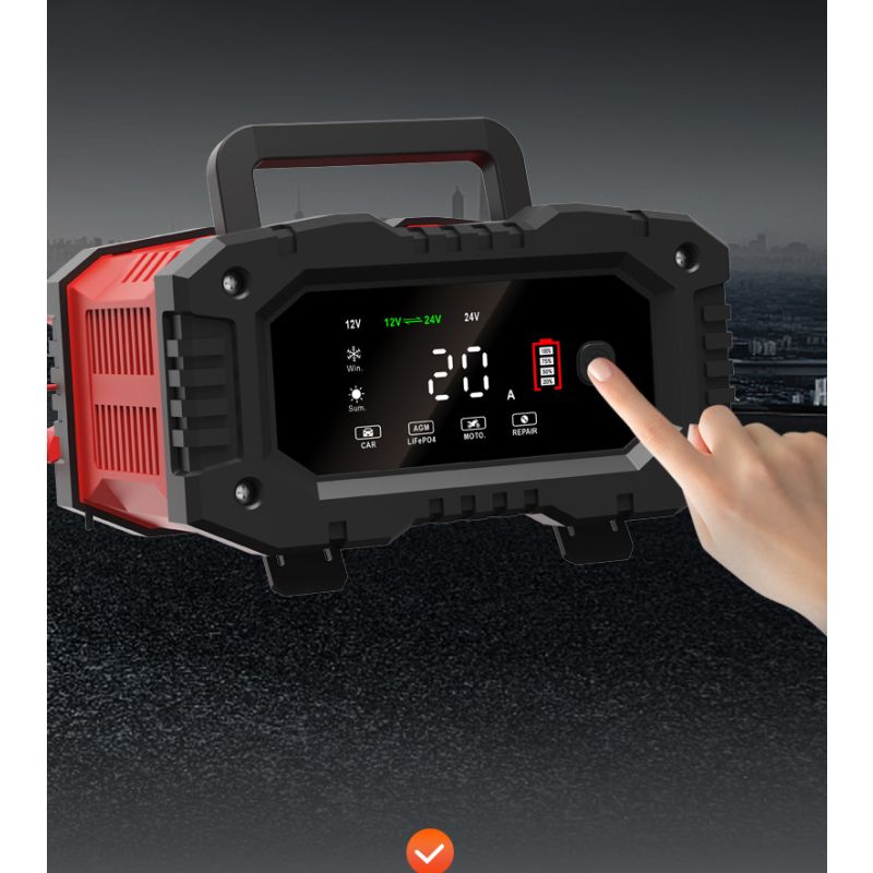 Cargador de batería FOXSUR 20A portátil para coche camión 12V 24V AGM LiFePO4 con carga en 7 etapas versátil