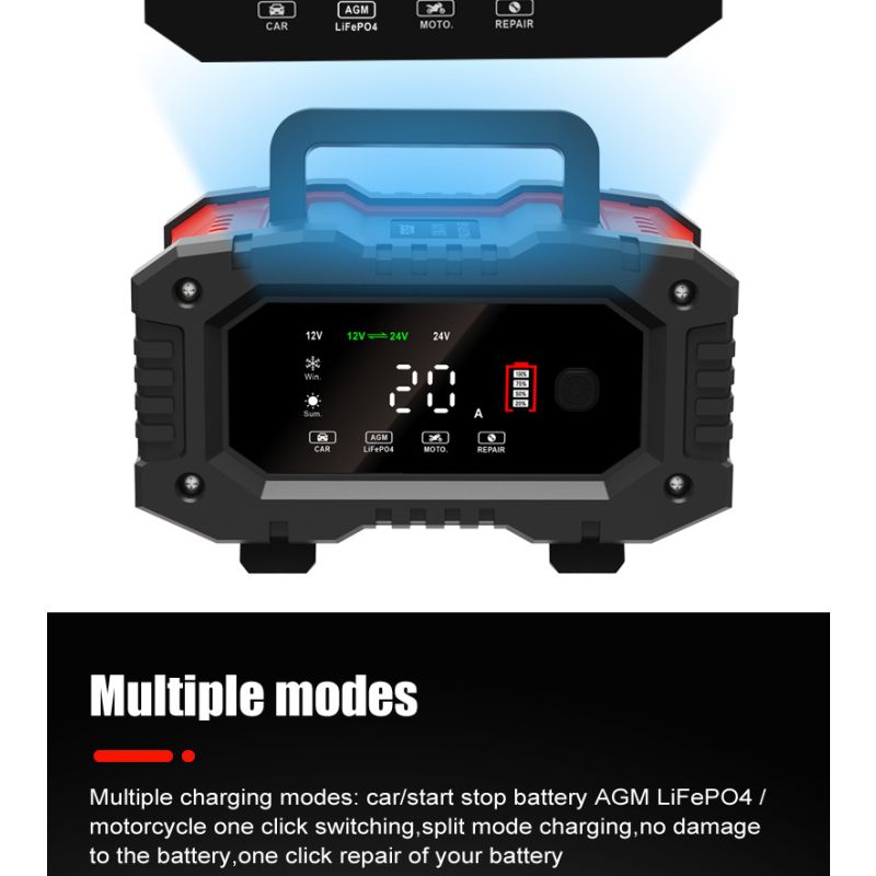 Cargador de batería FOXSUR 20A portátil para coche camión 12V 24V AGM LiFePO4 con carga en 7 etapas versátil