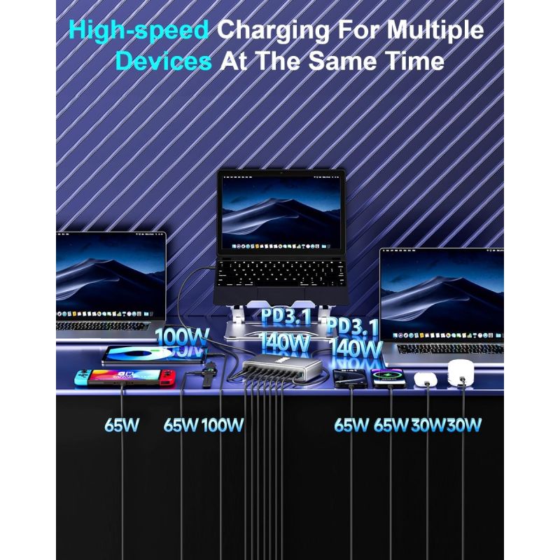 Cargador UBS C 800W GaN III Pro, 10 Puertos, 140W PD3.1, Estación de Carga Rápida Múltiples Dispositivos