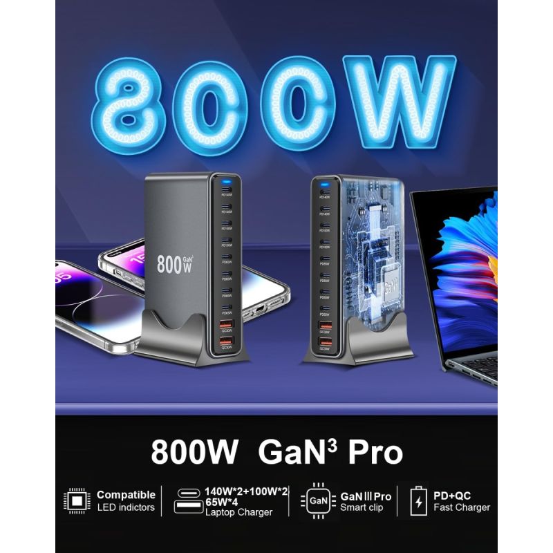 Cargador UBS C 800W GaN III Pro, 10 Puertos, 140W PD3.1, Estación de Carga Rápida Múltiples Dispositivos