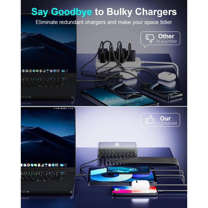 Cargador UBS C 800W GaN III Pro, 10 Puertos, 140W PD3.1, Estación de Carga Rápida Múltiples Dispositivos