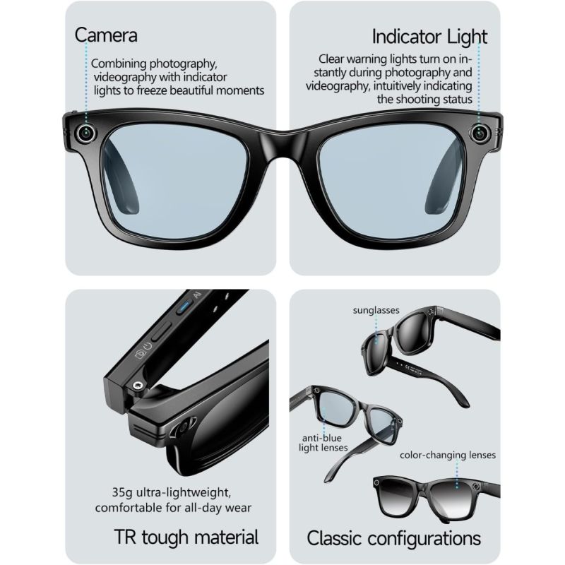 Gafas inteligentes AI: Traducción, Cámara HD, Llamadas, Música, Protección UV y Luz Azul. ¡Tecnología ponible!