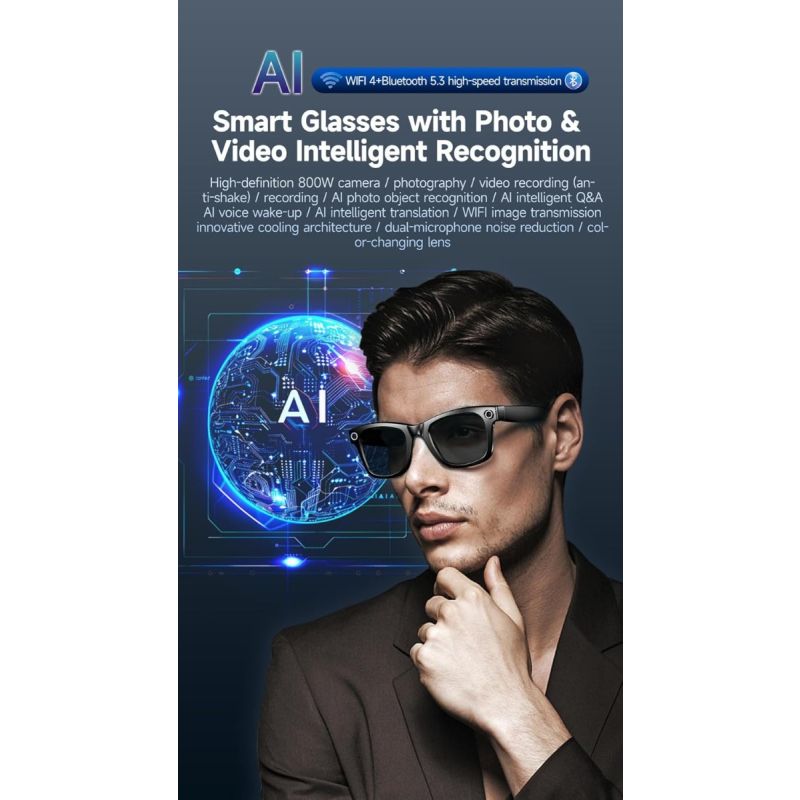 Gafas inteligentes AI: Traducción, Cámara HD, Llamadas, Música, Protección UV y Luz Azul. ¡Tecnología ponible!