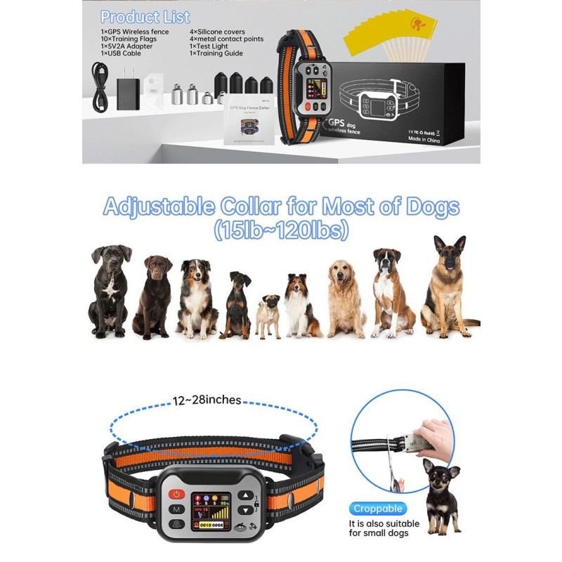 Collar Valla Inalámbrica GPS, Antiladridos Recargable. Para Perros 15-120 lbs. ¡Seguridad Total!
