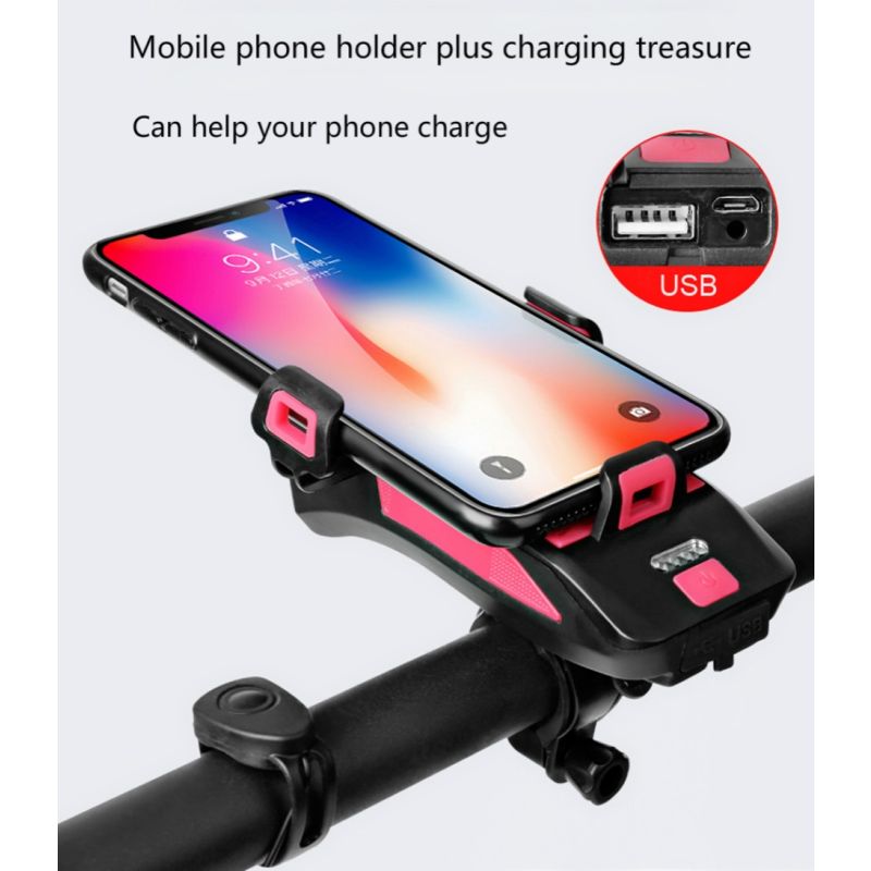 Luz de bicicleta multifunción 4 en 1 linterna 800 lúmenes bocina soporte para teléfono accesorios ciclismo