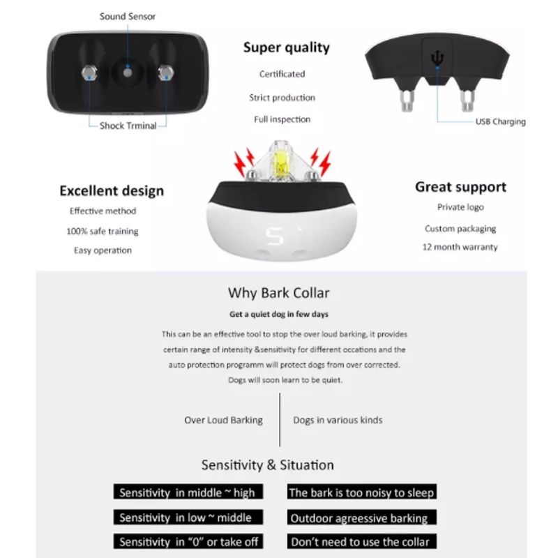 Collar antiladridos pantalla táctil IP67 recargable resistente al agua con corrección estática ajustable