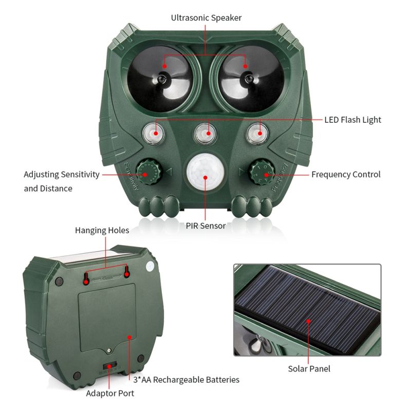 Repelente Ultrasónico Solar para Animales Eco-Amigable IP44 Protección Continua contra Perros Gatos y Más