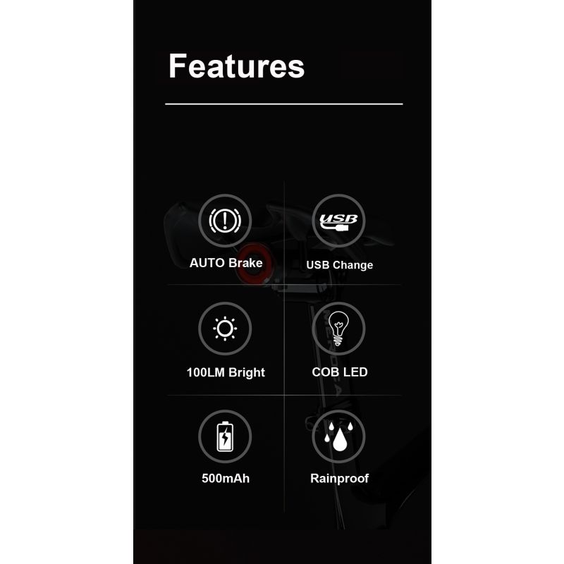 Luz Trasera Inteligente Bicicleta Auto Inicio Parada Freno IPX6 Impermeable Carga USB Seguridad Ciclismo LED