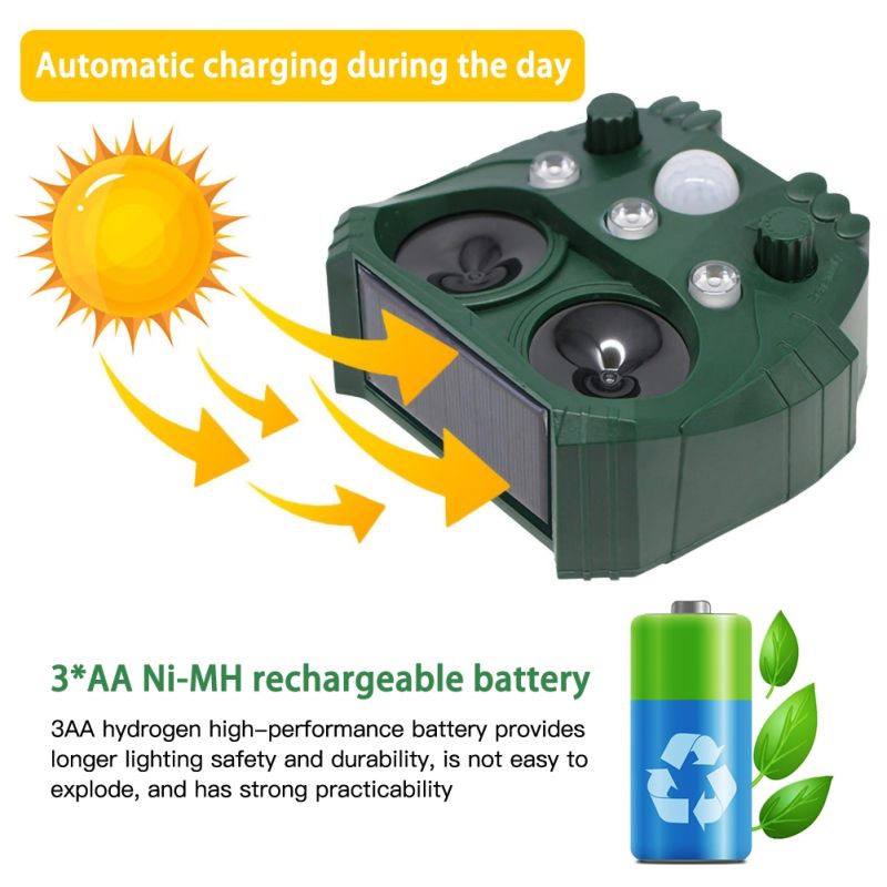 Repelente Ultrasónico Solar para Animales Eco-Amigable IP44 Protección Continua contra Perros Gatos y Más