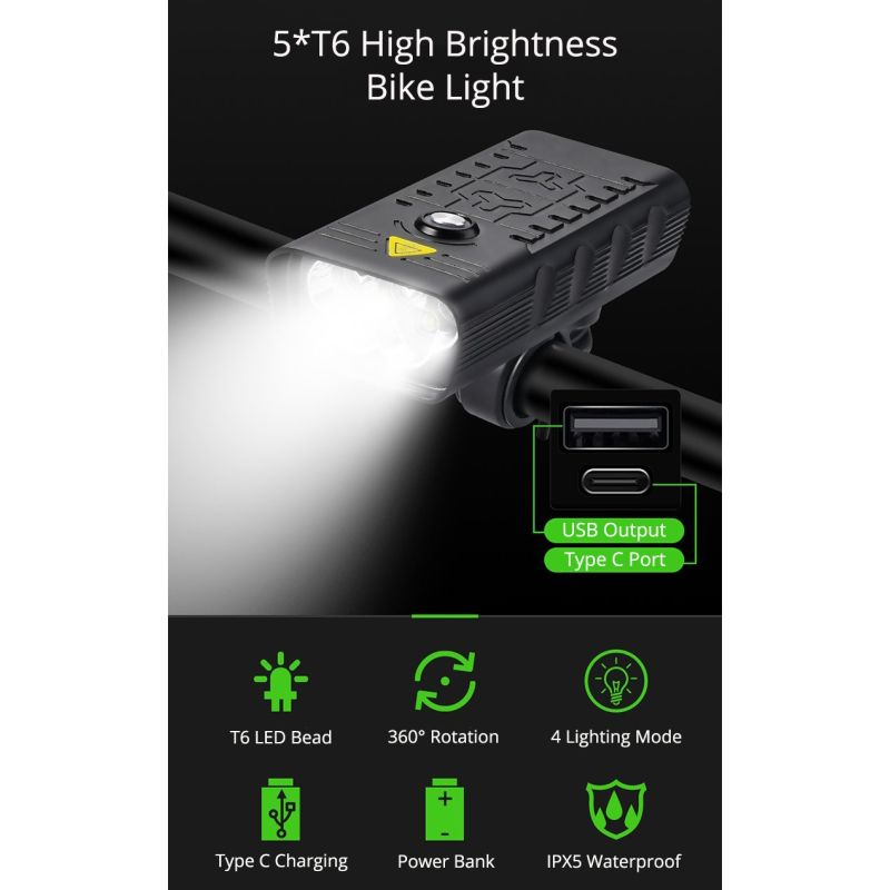 Luz delantera bicicleta TK5 5000 lúmenes USB recargable, impermeable alta visibilidad conducción nocturna