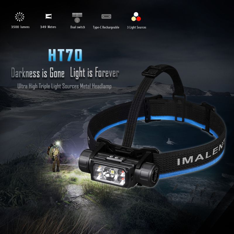 Linterna frontal IMALENT HT70 3500 lúmenes triple fuente de luz LED XHP50.3 ALTO recargable ideal para aventura
