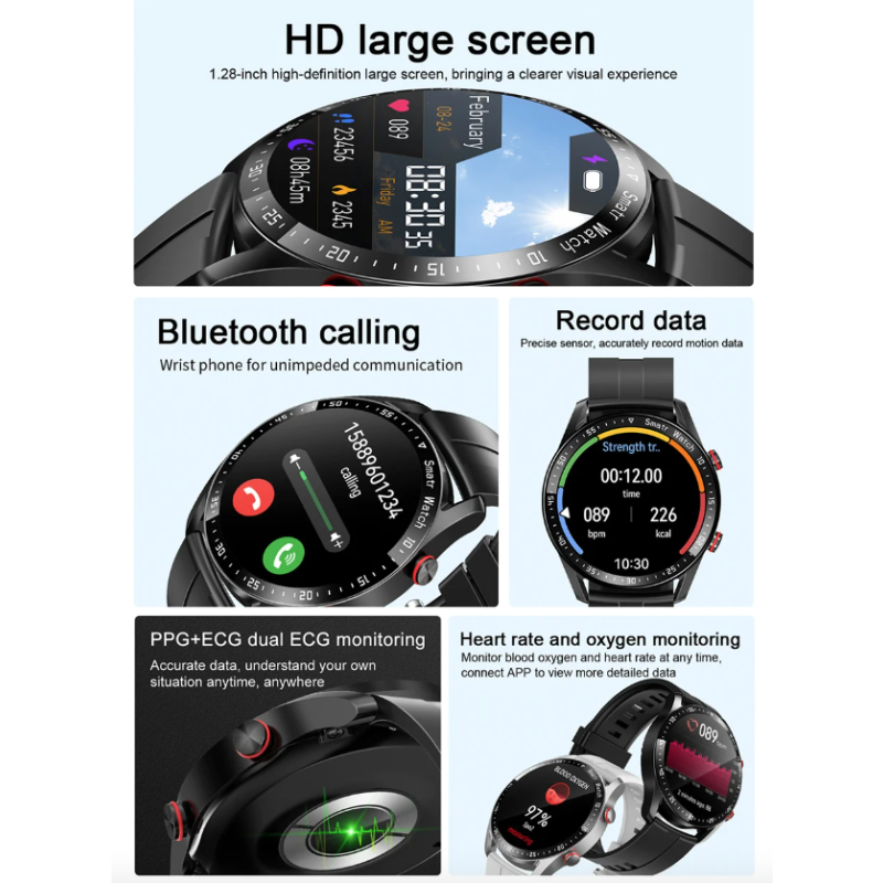 Smartwatch HW20 con Llamadas Bluetooth y ECG, 1.28 pulgadas, Monitoreo de Salud, iOS y Android
