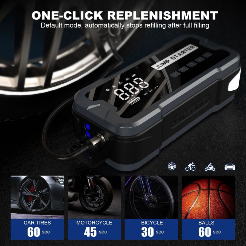 Dispositivo de Arranque y Banco de Poder Corriente 2000A Bomba de inflado 150PSI Cargador Portátil Emergencias