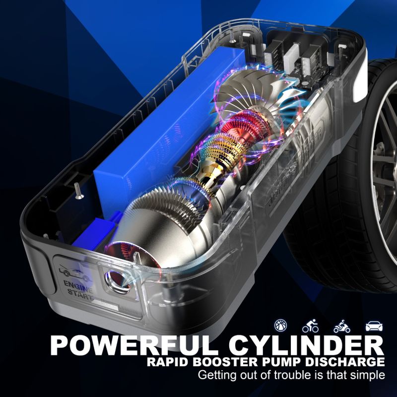 Dispositivo de Arranque y Banco de Poder Corriente 2000A Bomba de inflado 150PSI Cargador Portátil Emergencias