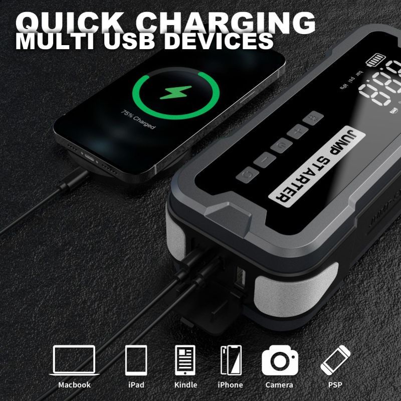 Dispositivo de Arranque y Banco de Poder Corriente 2000A Bomba de inflado 150PSI Cargador Portátil Emergencias