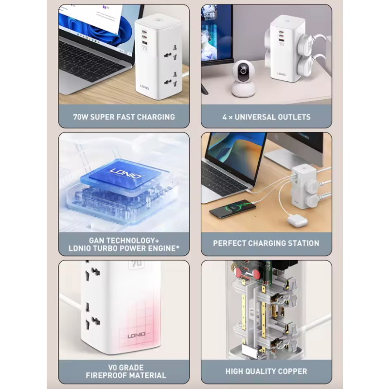 LDNIO Regleta de Torre Cubo Multi-tap 70W USB-C con Protección: Universal para Hogar y Oficina